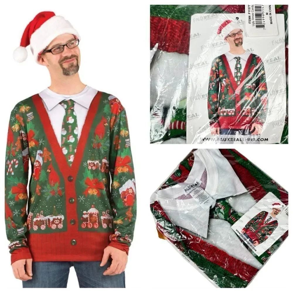 NWT Ugly Christmas Adult Cardigan Tie T-Shirt Mens Medium Holiday Faux Real